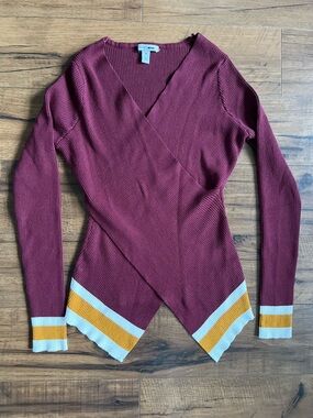 Fashion Nova Ribbed Knit Wrap Sweater with Stripe Hem - Burgundy/Mustard Yellow